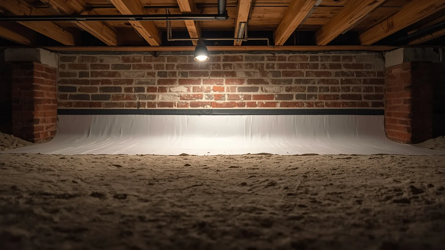 Sealed crawl space with white liner across the ground and up the foundation walls