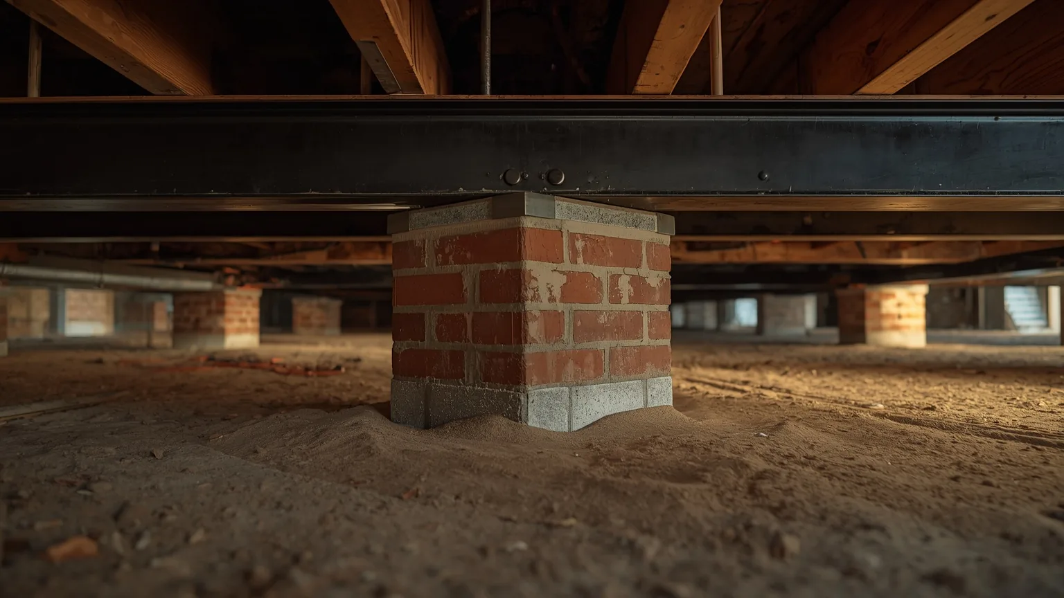 Wooden framing, girders and support posts beneath a crawl space floor