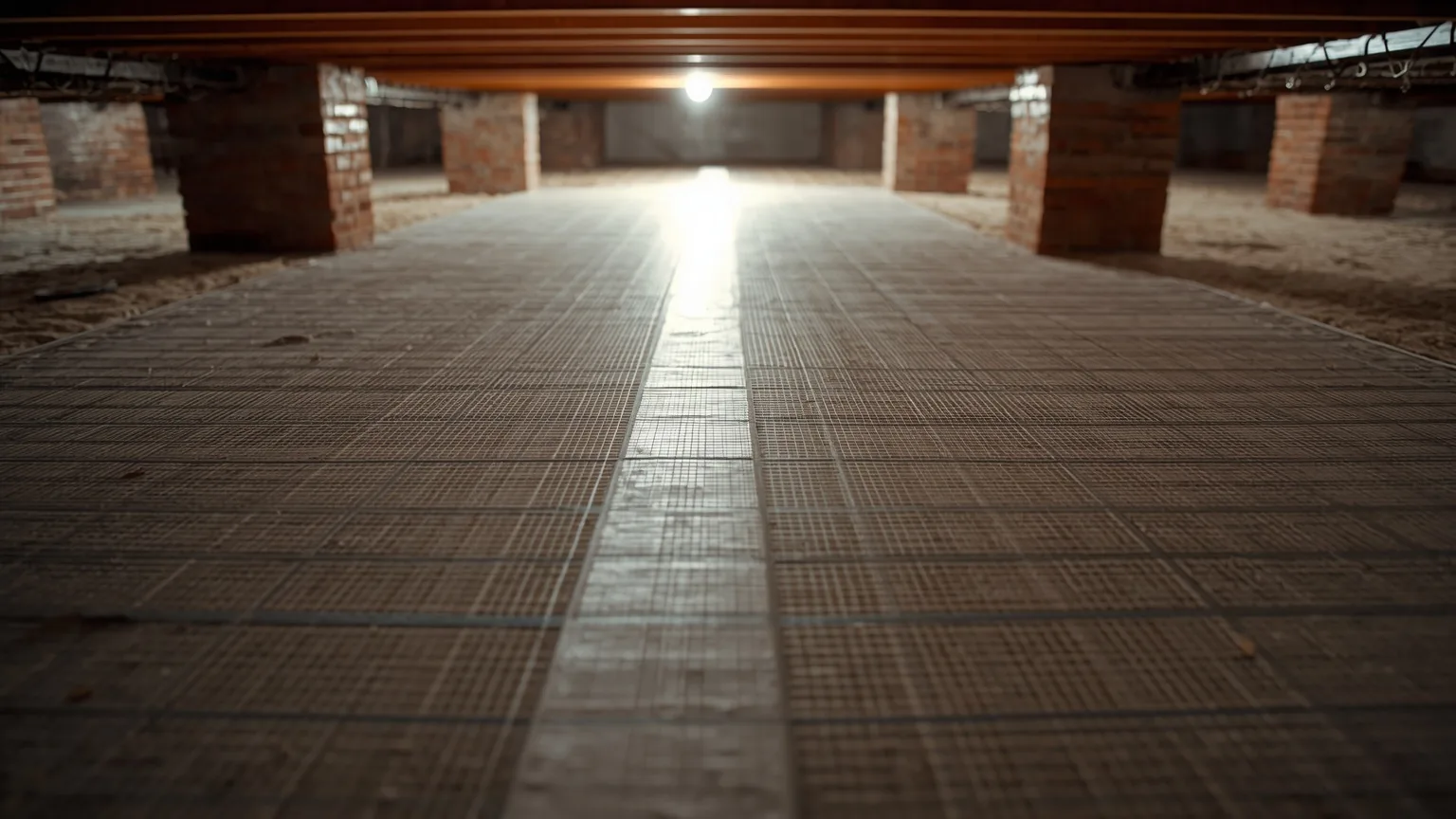 Polyethylene vapor barrier partly unrolled across the bare ground of a crawl space