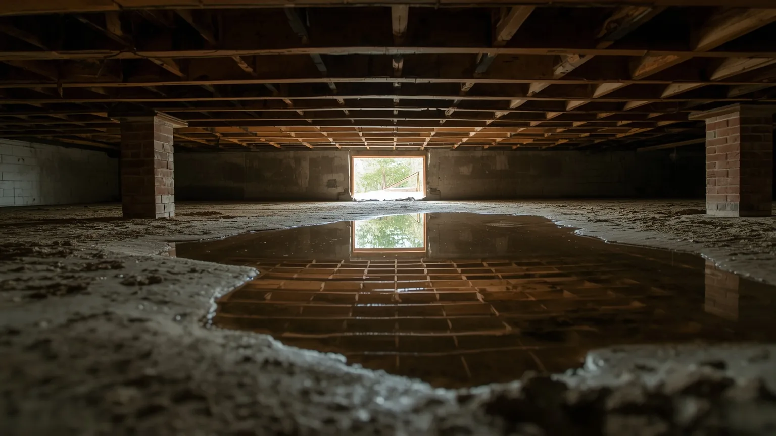 Standing water pooled across a crawl space floor beneath wood framing